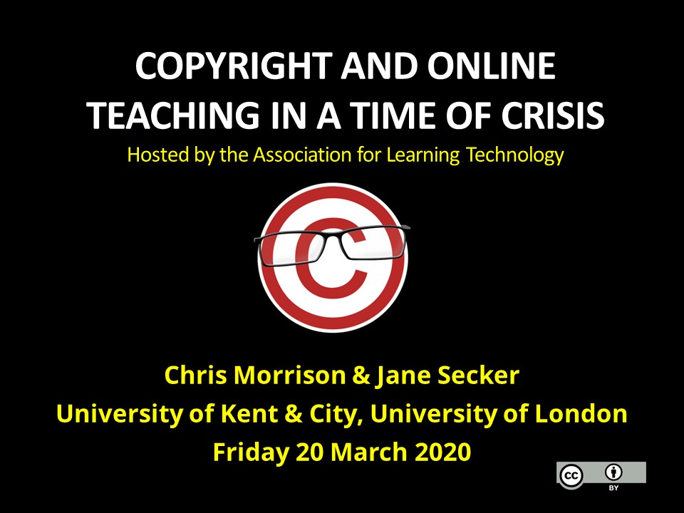 The opening PowerPoint slide from the first Copyright and Onlne Teaching In A Time of Crisis webinar.
